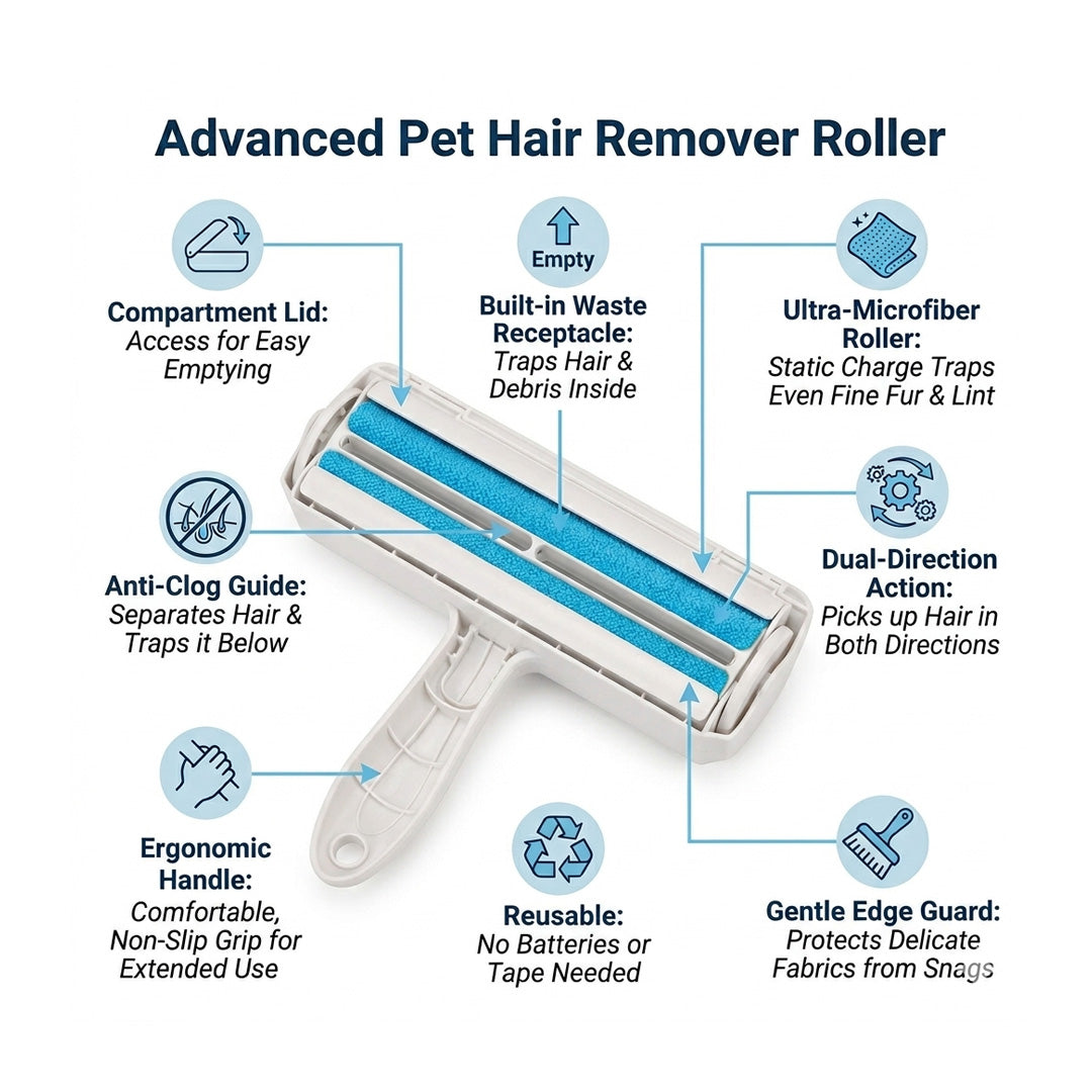 Pet Hair Remover Roller | Self-Cleaning Reusable Lint Roller for Furniture & Upholstery