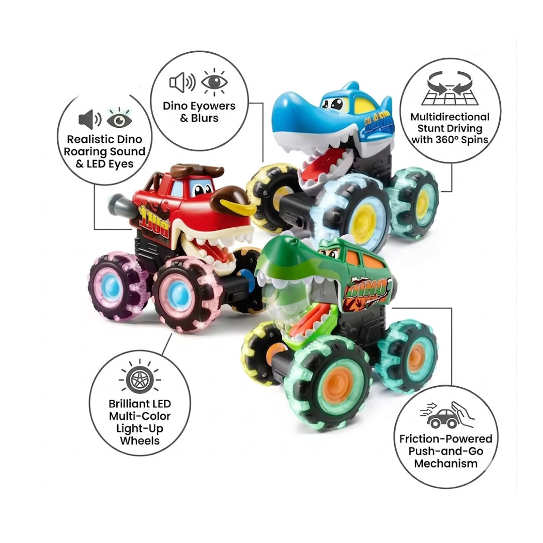 3 Pack Light-Up Monster Truck Toys Push and Go Cars with LED Glowing Wheels Shark Bull and T-Rex for Kids