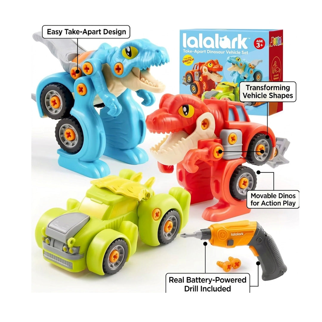 3 Pack Dinosaur Take Apart Toy Cars with Electric Drill T-Rex Raptor and Triceratops Transform Trucks for Kids