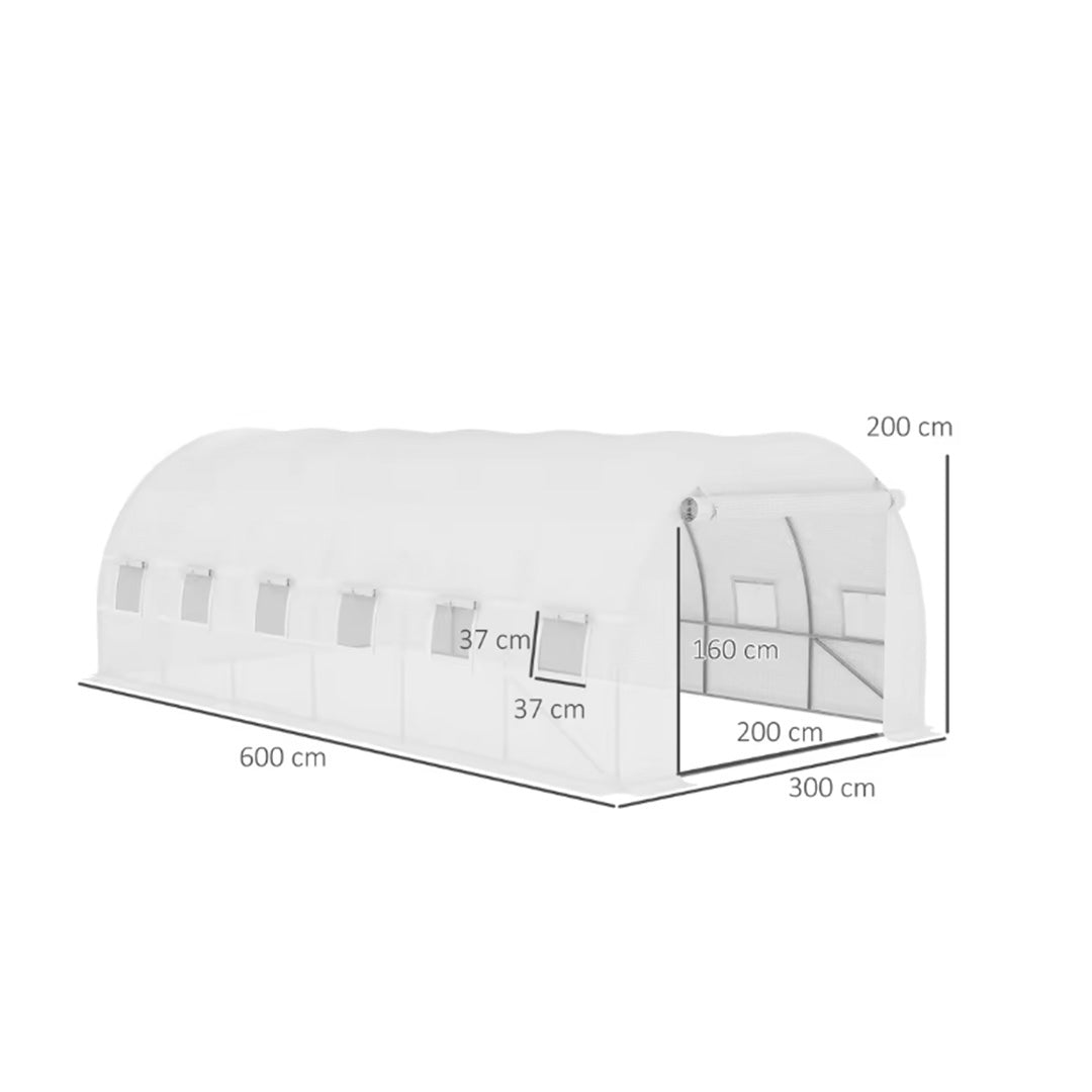 6 x 3 x 2m Greenhouse Replacement Cover PE Tunnel Walk-In Greenhouse Cover with Zipped Door and 12 Roll-Up Windows