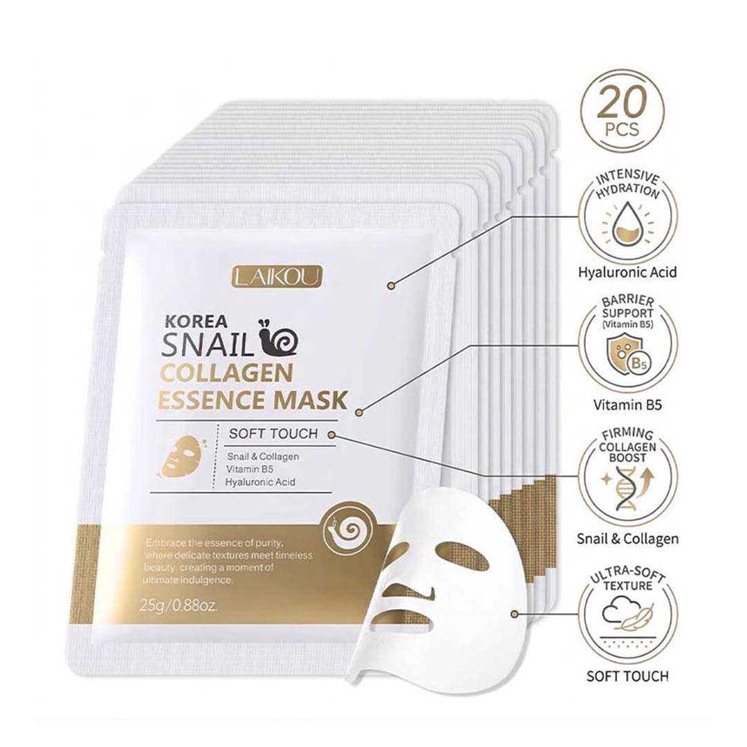LAIKOU Snail Collagen Face Mask 20pcs Hydrating Anti Wrinkle Sheet Mask