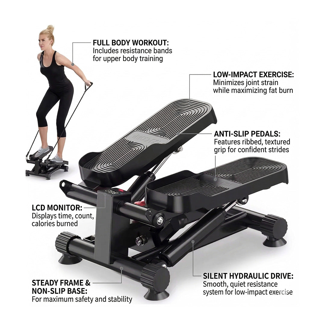 Mini Stepper Exercise Machine with Resistance Bands – Low Impact Stair Stepper for Home Cardio Fitness