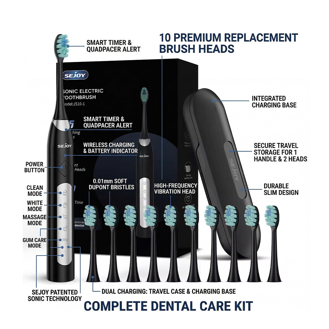 Electric Sonic Toothbrush with 10 Replacement Heads Rechargeable Waterproof Toothbrush