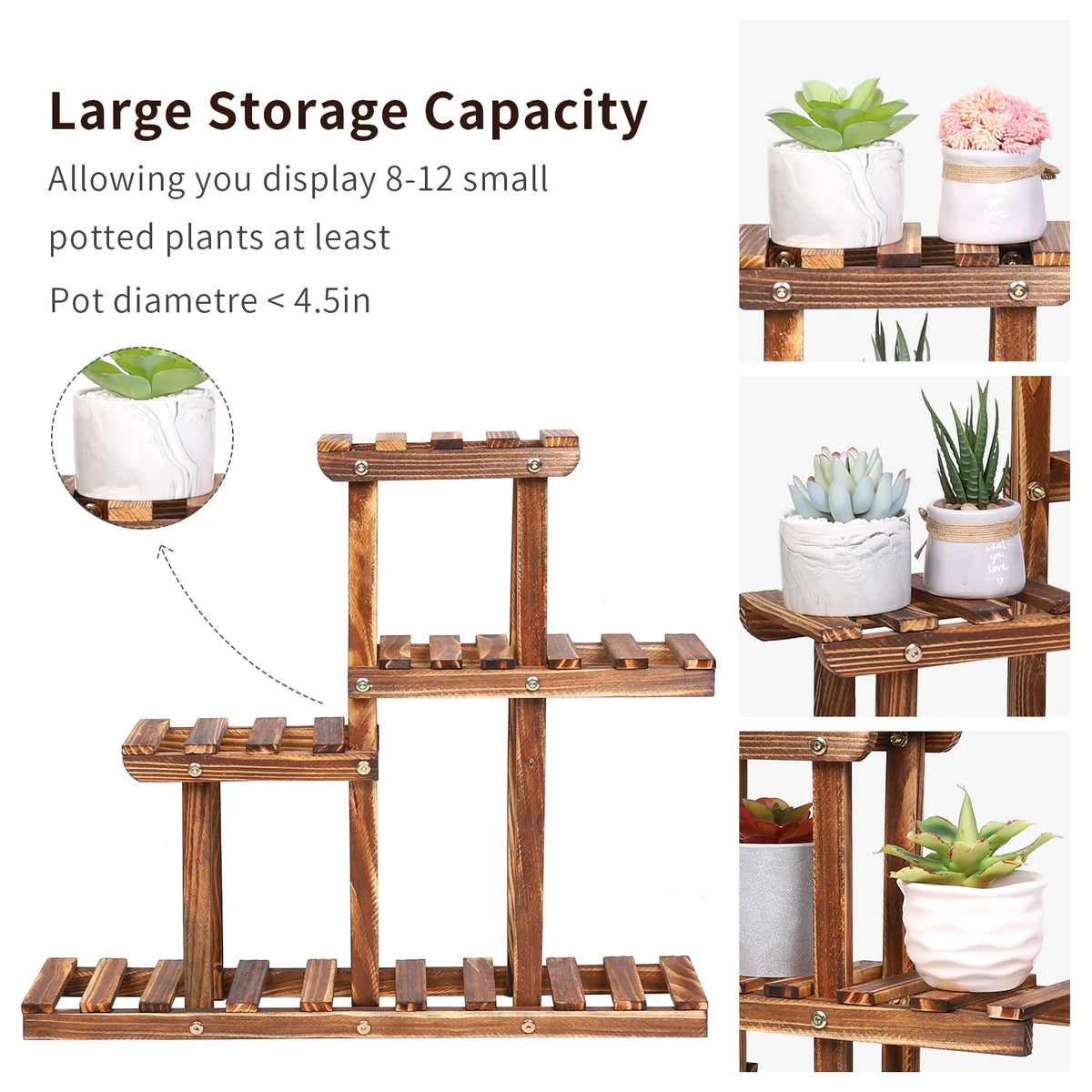 Carbonised Wood Plant Stand 4 Tier Succulent Rack 58x11.5x50cm Desktop Mini Plant Holder for Balcony Garden