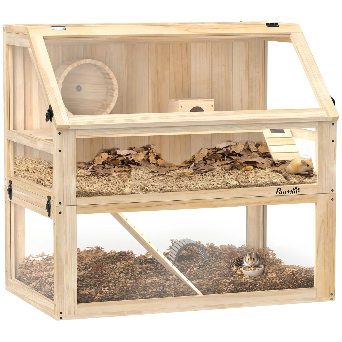 3-Tier Wooden Hamster Cage with Exercise Wheel