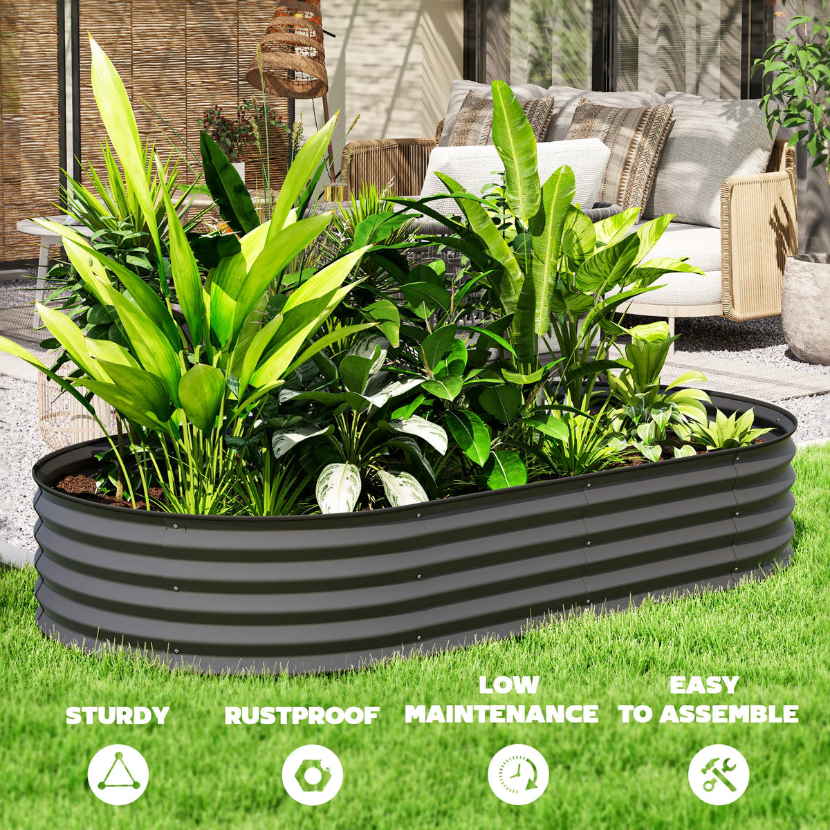Set of 2 Raised Garden Beds with Metal Plant Stakes, Dark Grey