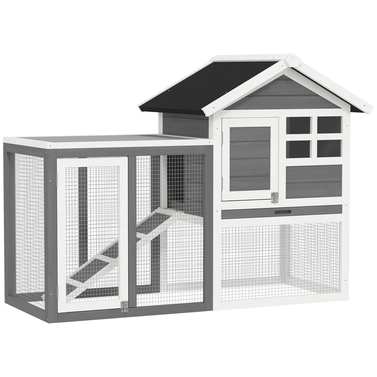 Wooden Rabbit Hutch 122cm 2 Storey Bunny Cage with Steel Wire Run Ramp Slanted Asphalt Roof and Tray