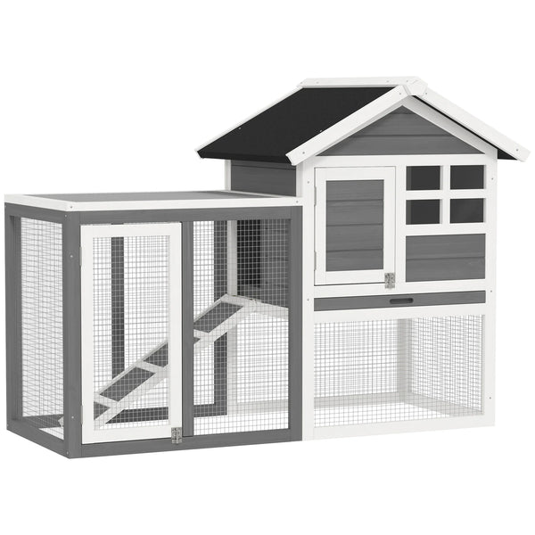 Wooden Rabbit Hutch 122cm 2 Storey Bunny Cage with Steel Wire Run Ramp Slanted Asphalt Roof and Tray