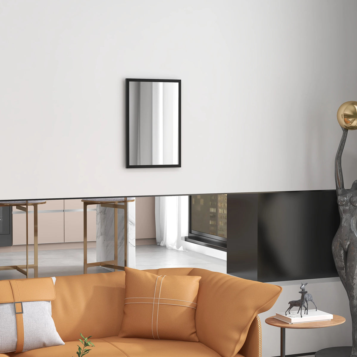 Wall Mirror 60x40cm Rectangular with Thick Shatter Protected Multi Layer Glass and Pre Moulded Hooks Black