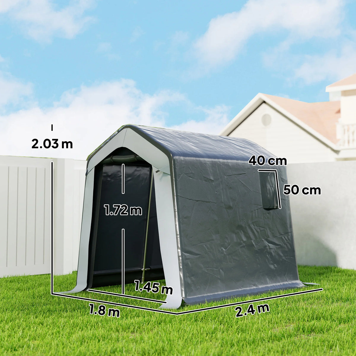 Heavy Duty Storage Shed Tent with Roll-Up Door, 1.8 x 2.4m, Grey