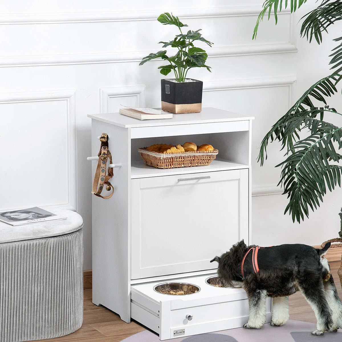 Pet Feeder Station with Storage Cabinet 61x82cm 2 Raised Bowls in Pull Out Drawer and 3 Side Hooks MDF