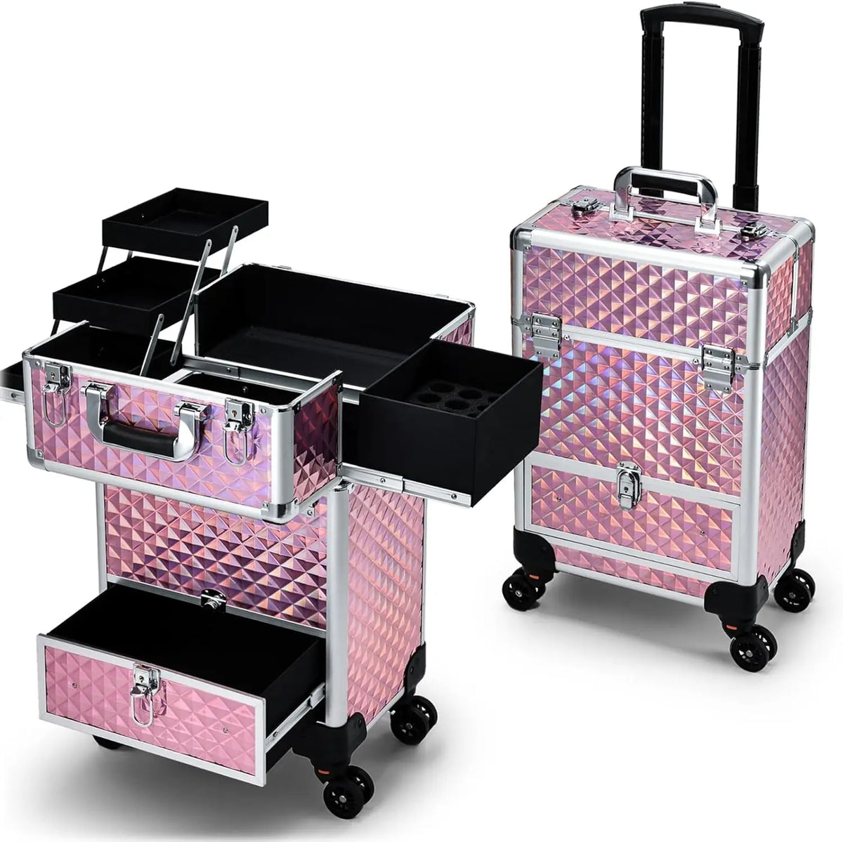 Rolling Makeup Case with Slide Out Drawer and 4 Trays 36-55L PVC Cosmetic Trolley for Salon and Travel