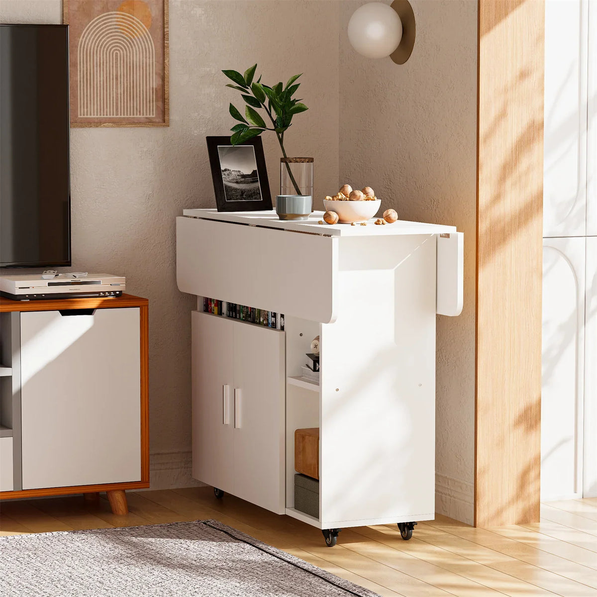 Folding Dining Table on Wheels with Cabinet and Open Shelf | 100cm Mobile Multipurpose Table in White
