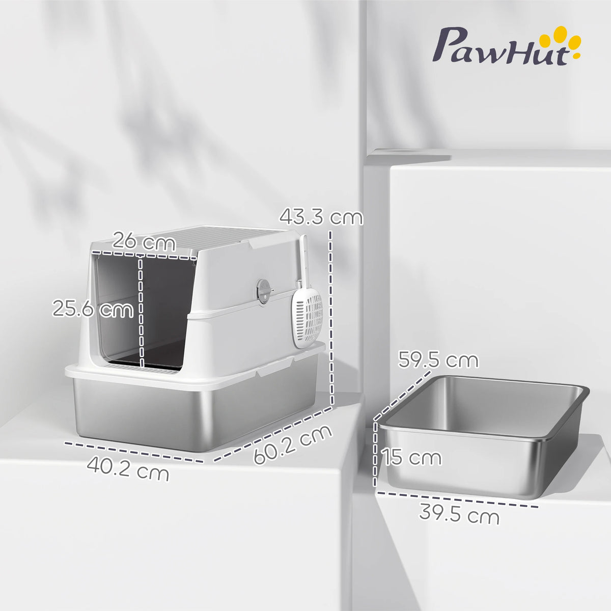 Extra Large Stainless Steel Cat Litter Tray with Scoop, Flip Top