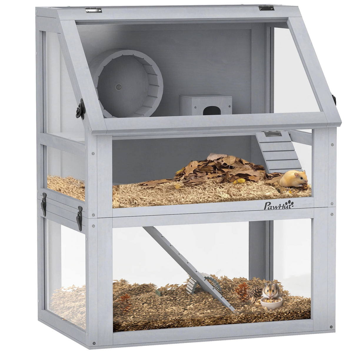 3 Tier Wooden Hamster Cage with 32cm Deep Base Detachable Layers Seesaw Ramp Wheel and Acrylic Panels