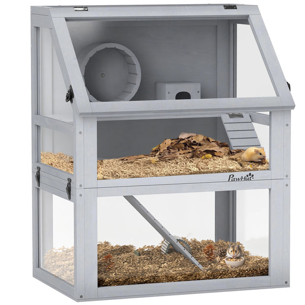 3 Tier Wooden Hamster Cage with 32cm Deep Base Detachable Layers Seesaw Ramp Wheel and Acrylic Panels