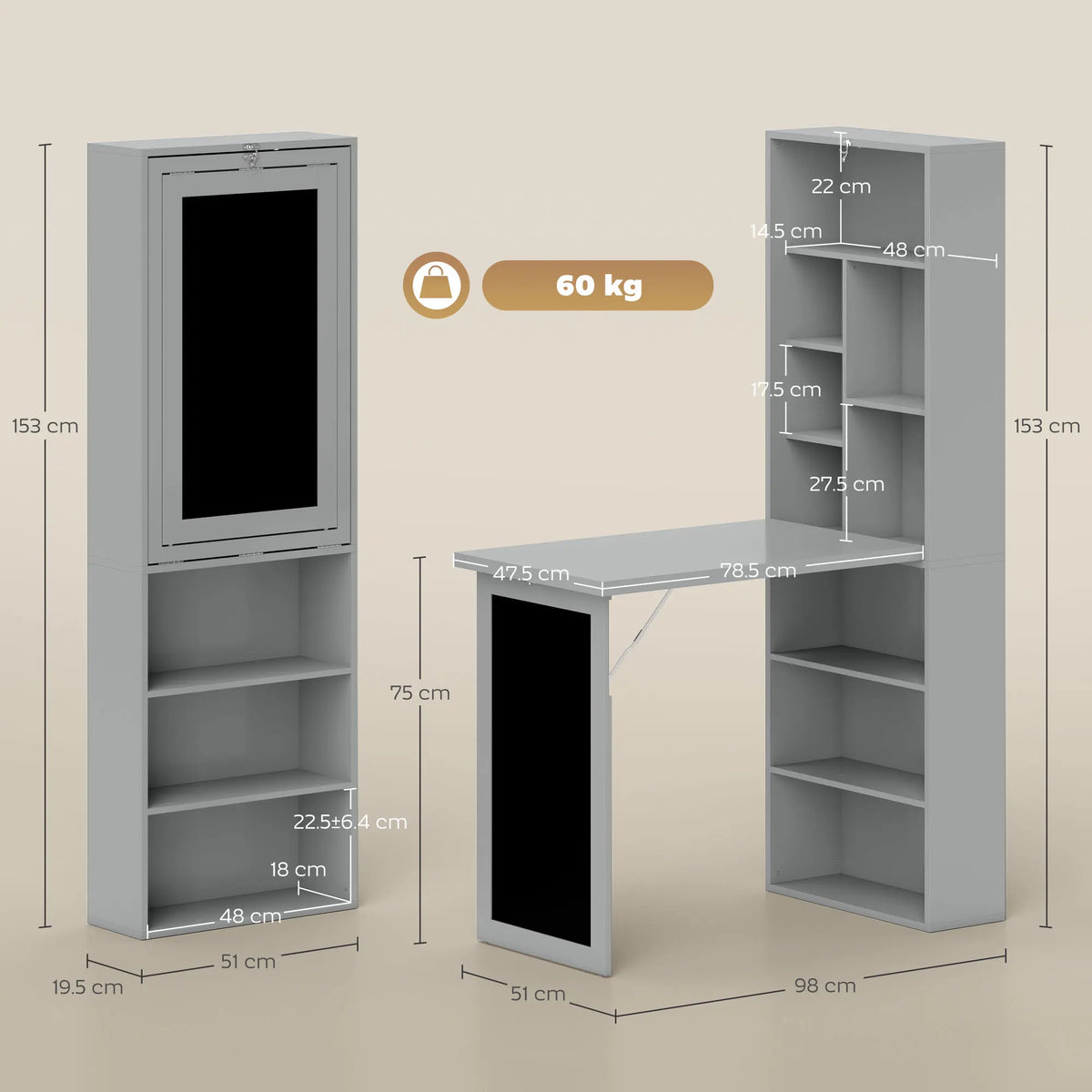 Fold-Out Convertible Desk with Bookshelves and Blackboard