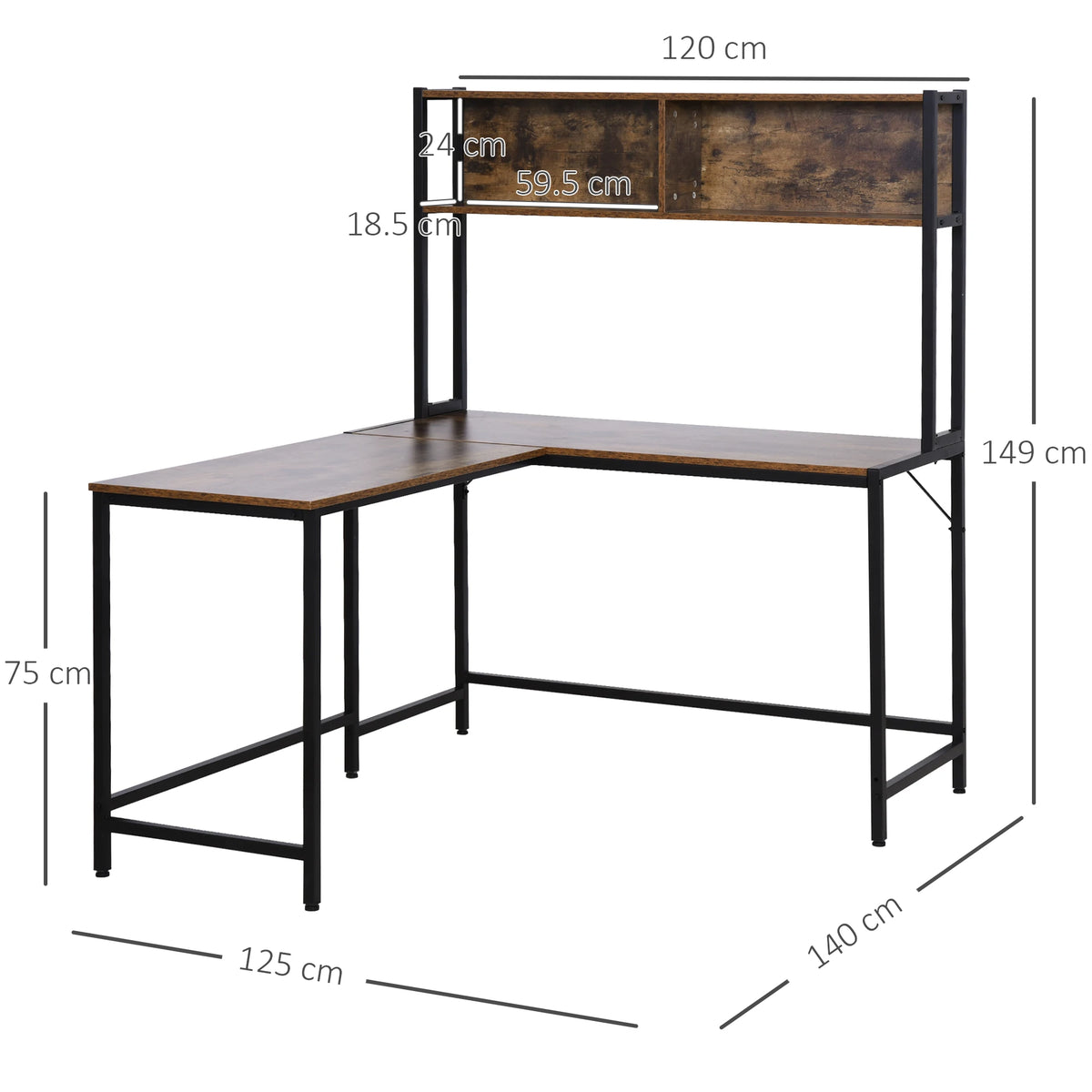 Industrial L-Shaped Work Desk with Storage Shelf, Steel Frame, Adjustable Feet