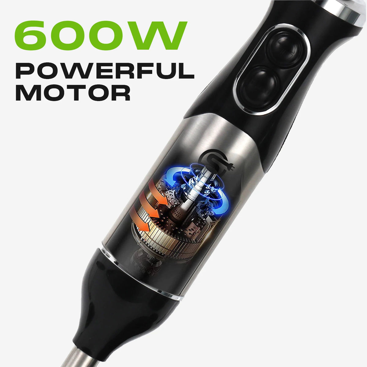 600W Stainless Steel Immersion Hand Blender with 304 Sharp Blades 2 Speed Settings Turbo Mode and Non-Slip Grip for Kitchen Use