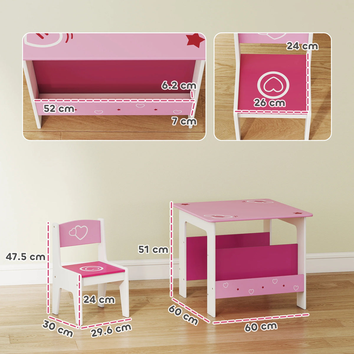 Kids Table and 2 Chairs Set with Side Bookshelves, Ages 3–8, Pink