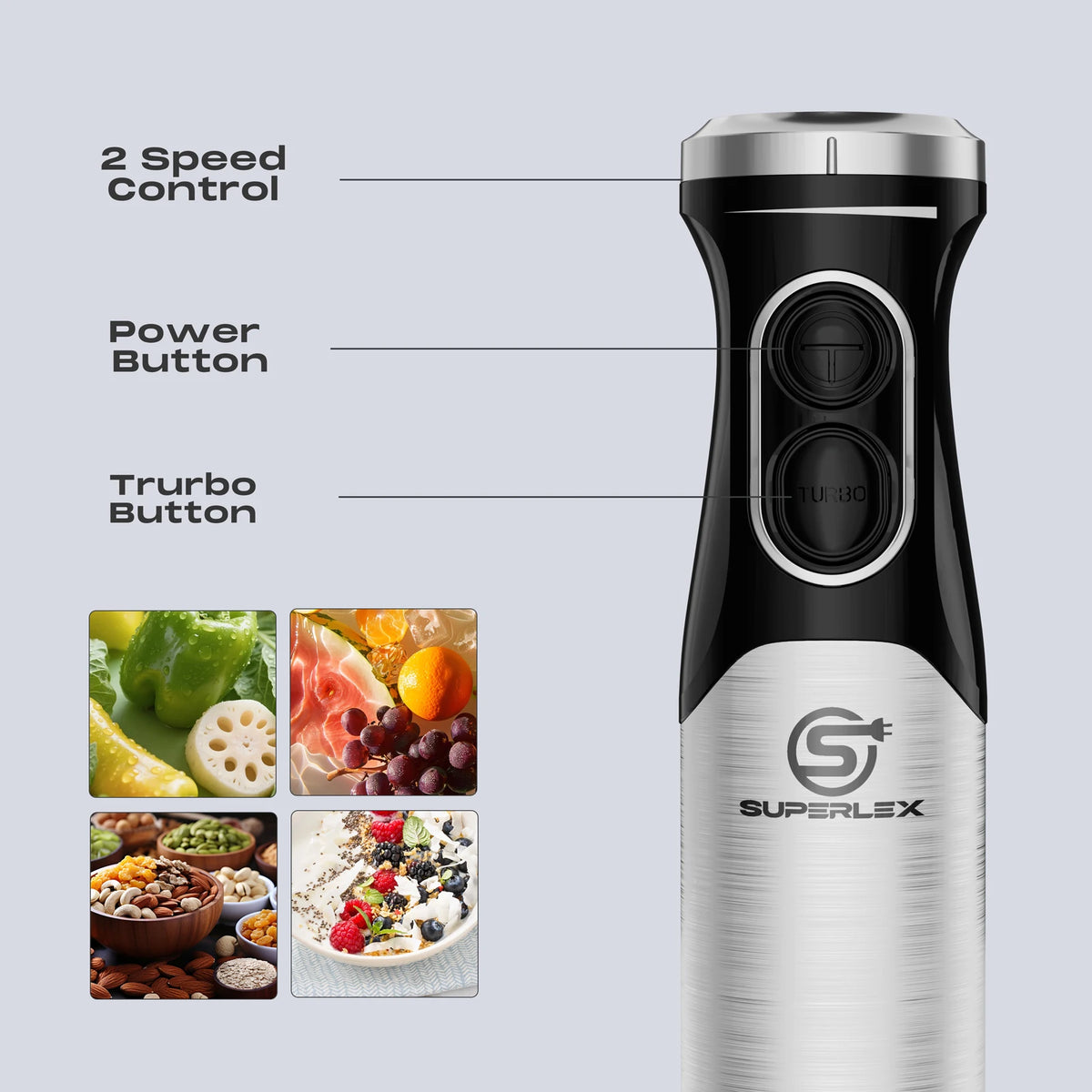 600W Stainless Steel Immersion Hand Blender with 304 Sharp Blades 2 Speed Settings Turbo Mode and Non-Slip Grip for Kitchen Use