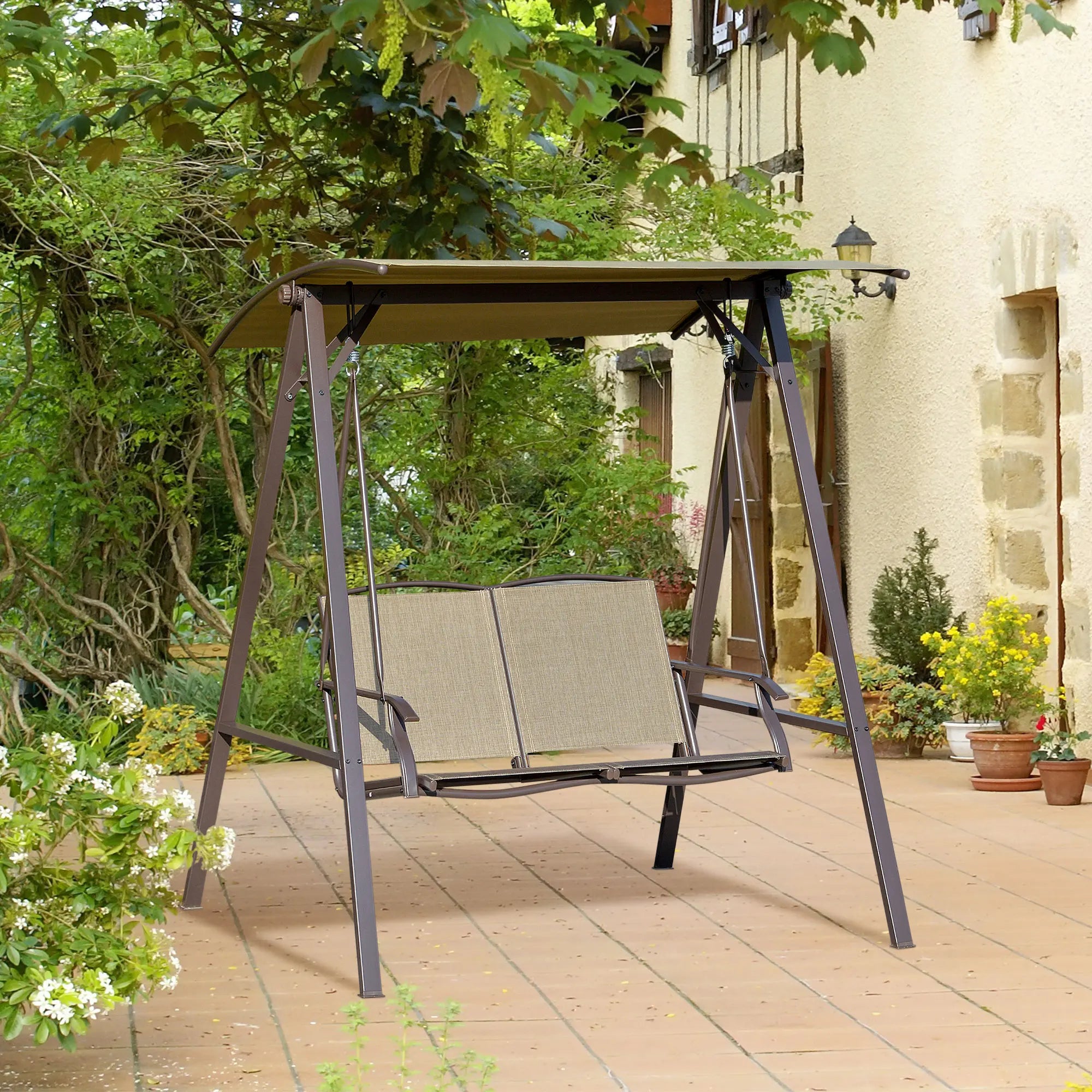 2 Seater Garden Swing Seat with Adjustable Canopy Breathable Texteline Seat and Metal A-Frame for Outdoor Use
