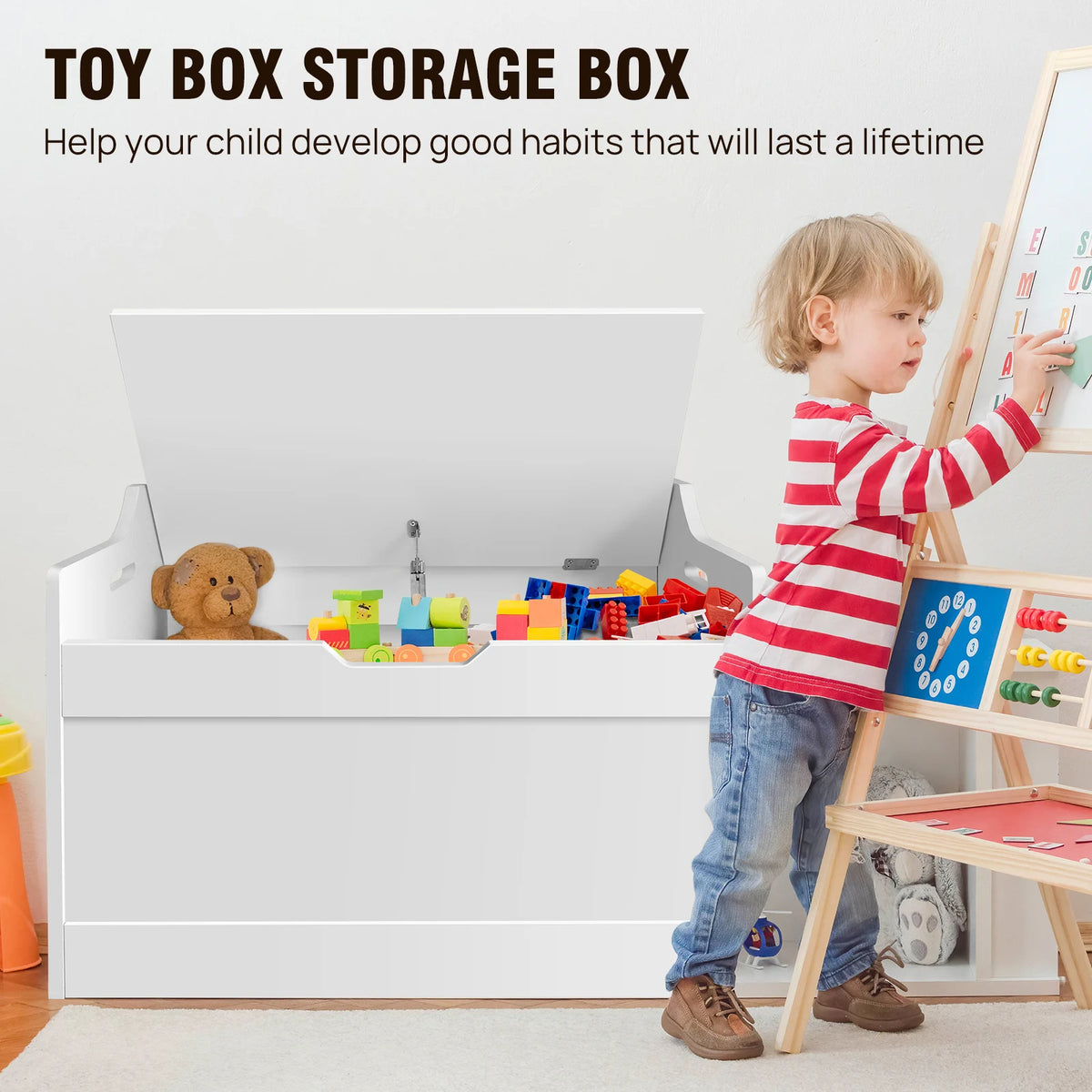 Wooden Storage Box and Bench 40x62.2x46cm 2 in 1 Toy and Blanket Chest MDF Safety Hinge U Shaped Cutout