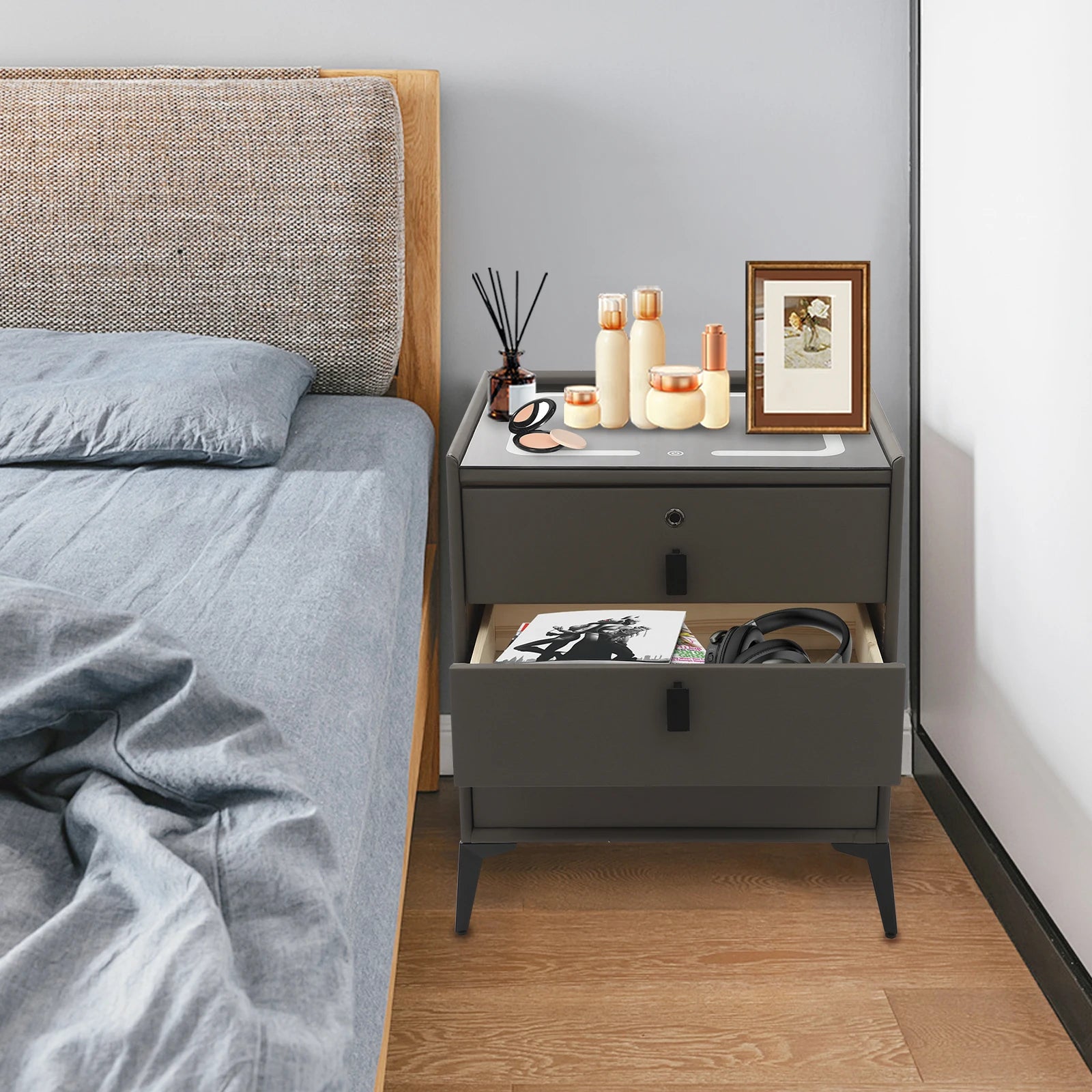 Smart Bedside Table with Fingerprint Lock, Wireless Charging and 3 Drawers | LED Light Nightstand Dark Grey
