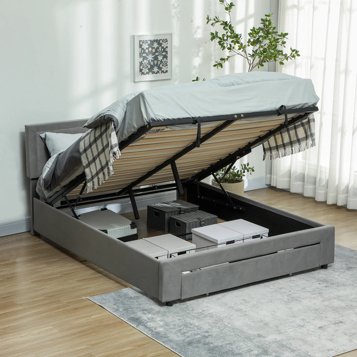 King Size Ottoman Bed Frame with Hydraulic Lift Storage 157.5x203.5cm Front Drawer Adjustable Velvet Headboard