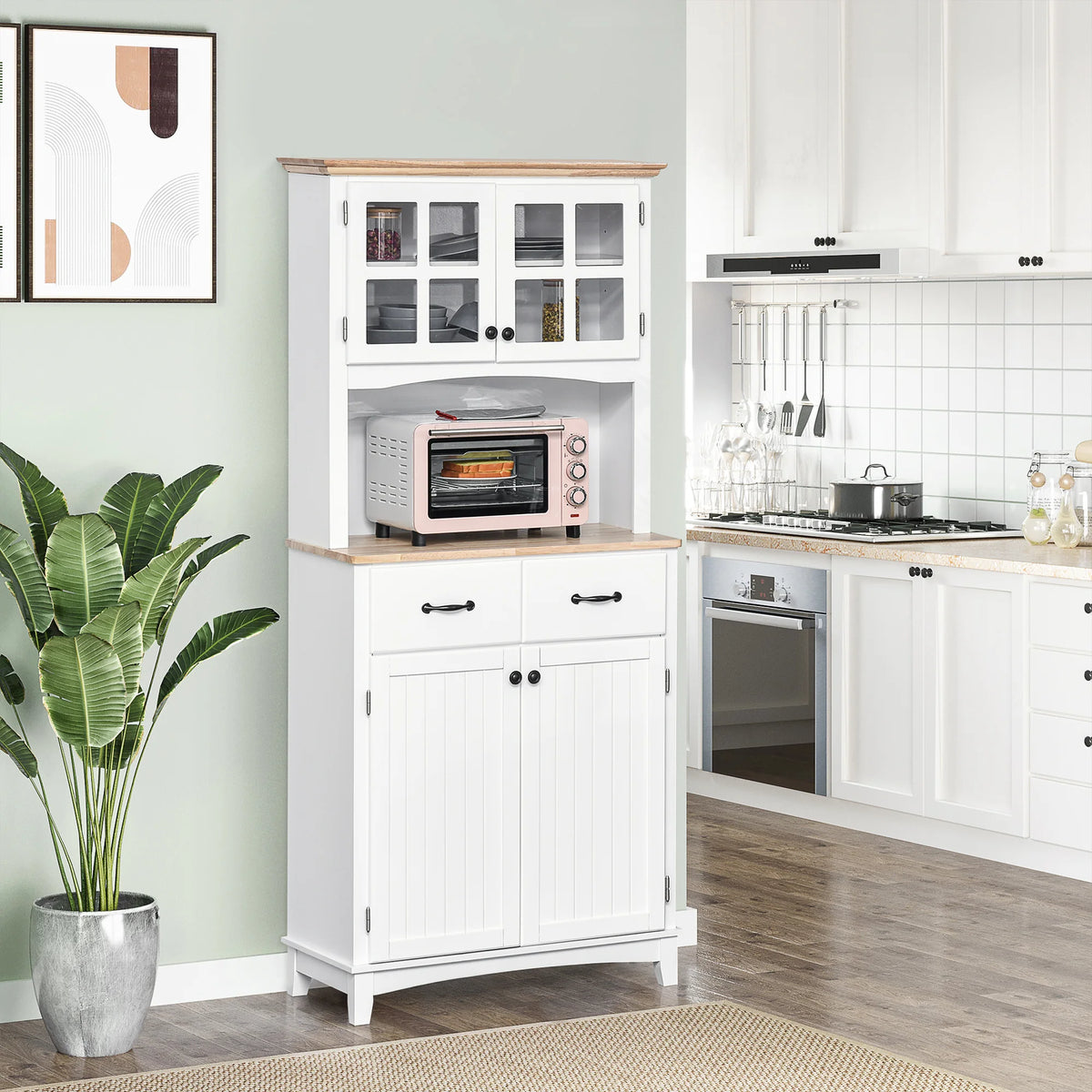 Kitchen Storage Cabinet with Glass Door and Microwave Counter, 74 x 40 x 172 cm, White