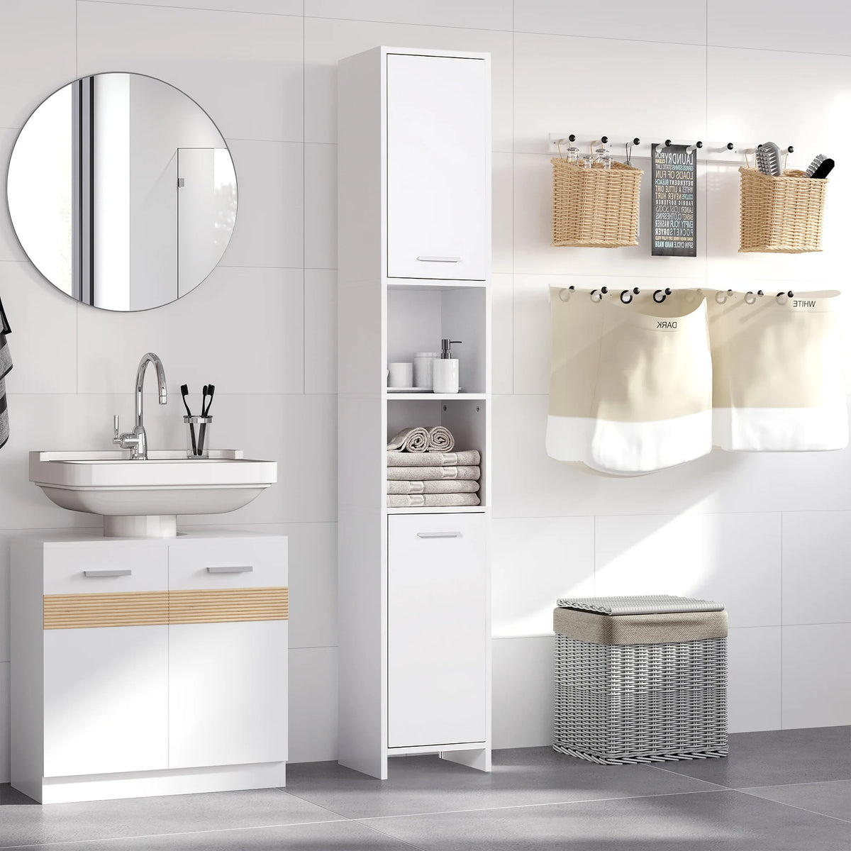 Storage Cabinet for Bathroom & Bedroom, Freestanding Cupboard with Door and Shelves, White