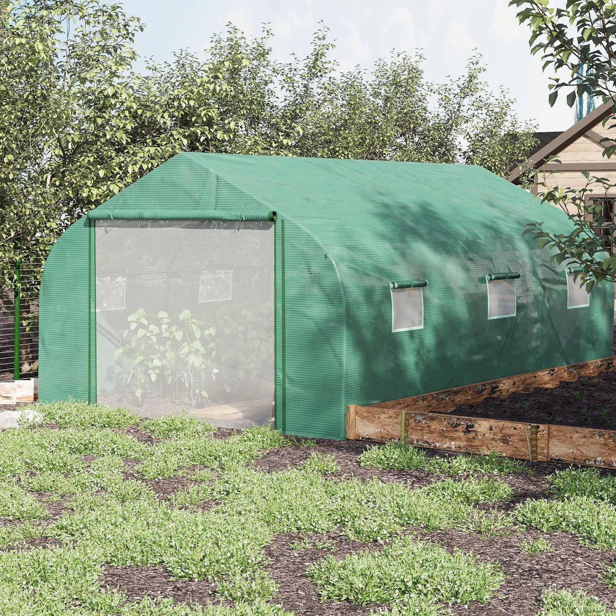 4.5 x 3m Walk-In Polytunnel Greenhouse with 6 Mesh Windows, Roll-Up Door and Galvanised Steel Frame