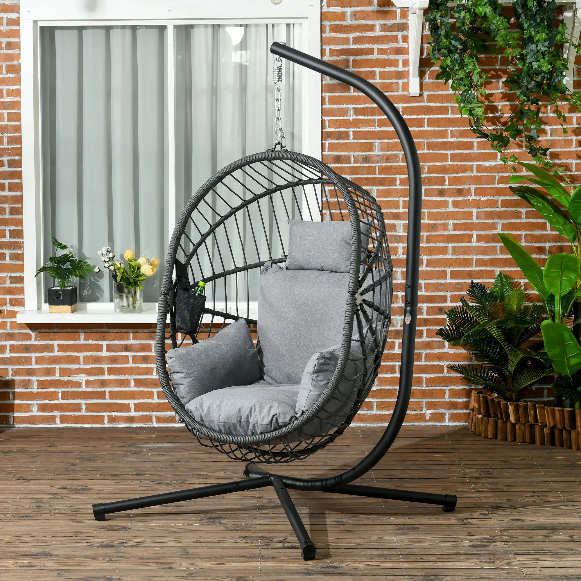 Hanging Egg Chair with Thick Cushion, Cup Holder, Foldable Basket Seat for Indoor and Outdoor Use