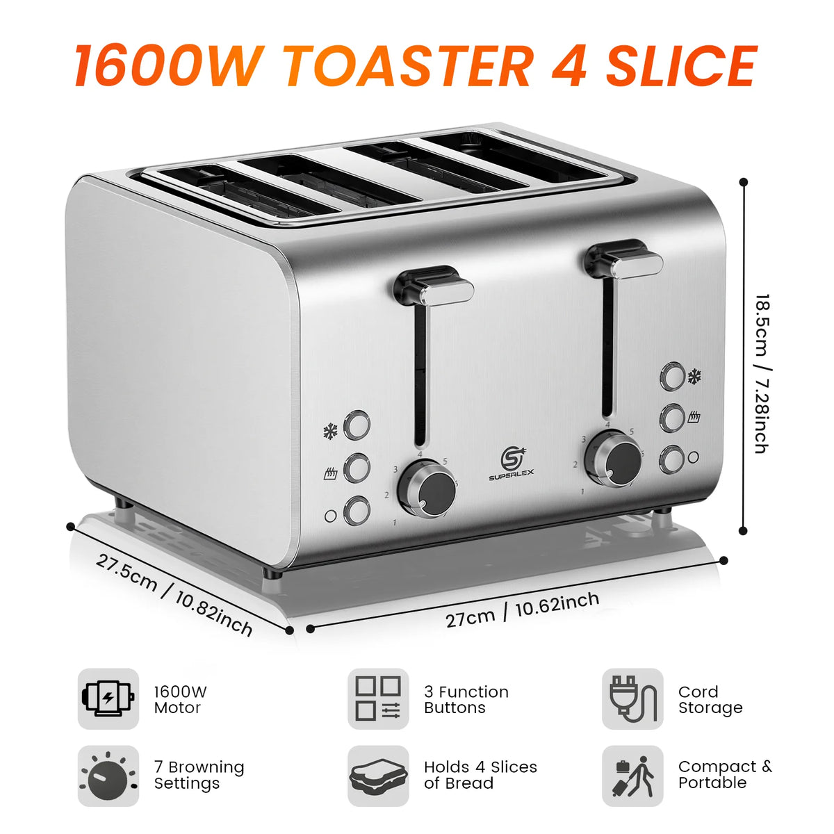 4 Slice Toaster 1600W Stainless Steel with 7 Browning Settings Defrost Reheat Function and Removable Crumb Tray