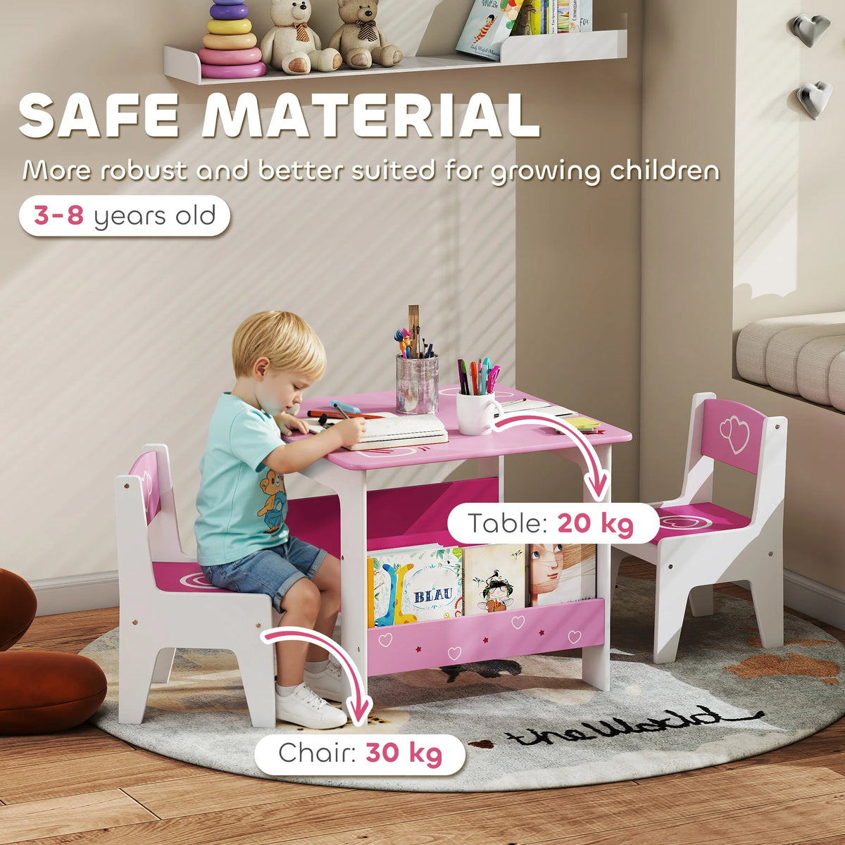 Kids Table and 2 Chairs Set with Side Bookshelves, Ages 3–8, Pink