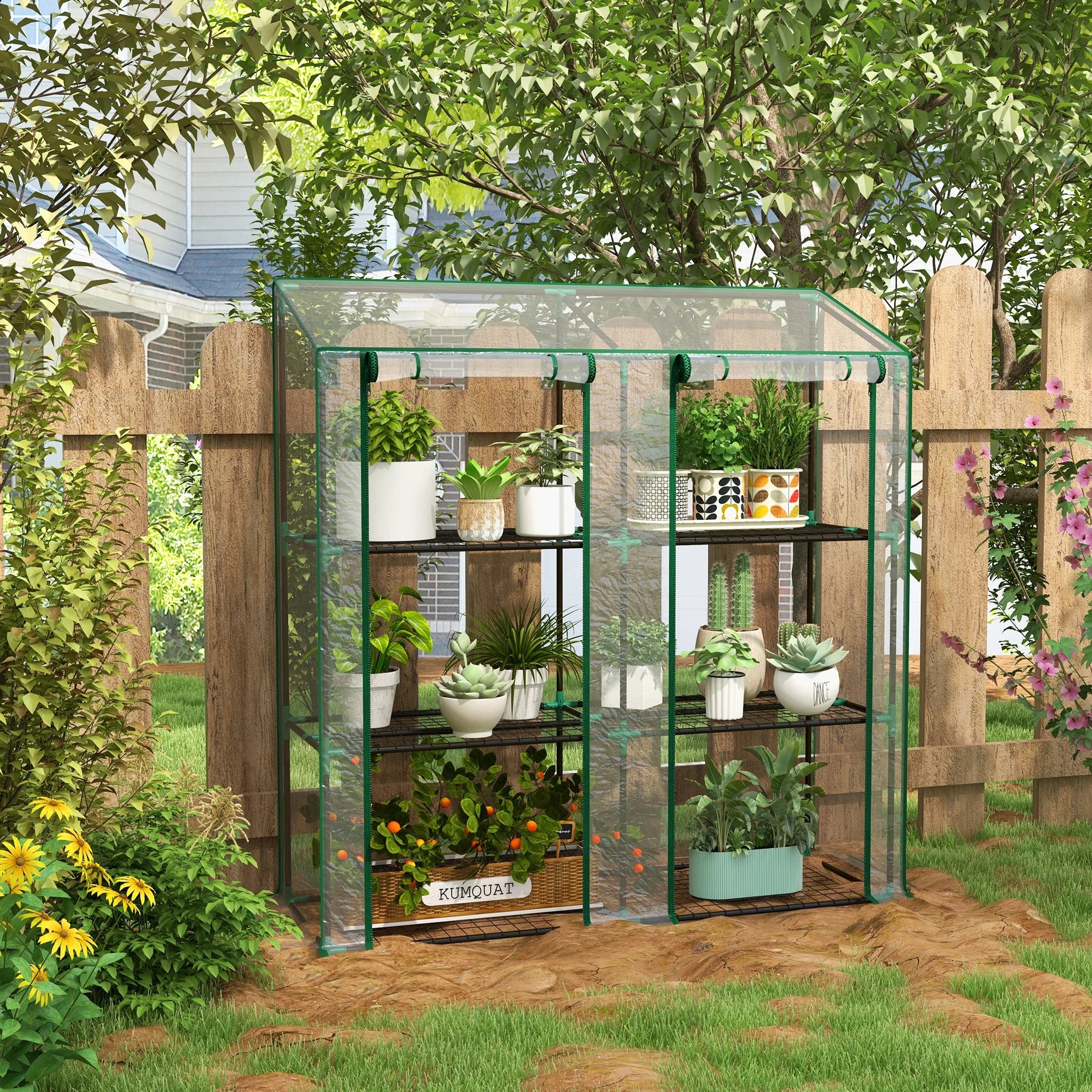 3-Tier Mini Greenhouse with Roll-Up Doors, Wire Shelves and Steel Frame - Lean-To Design