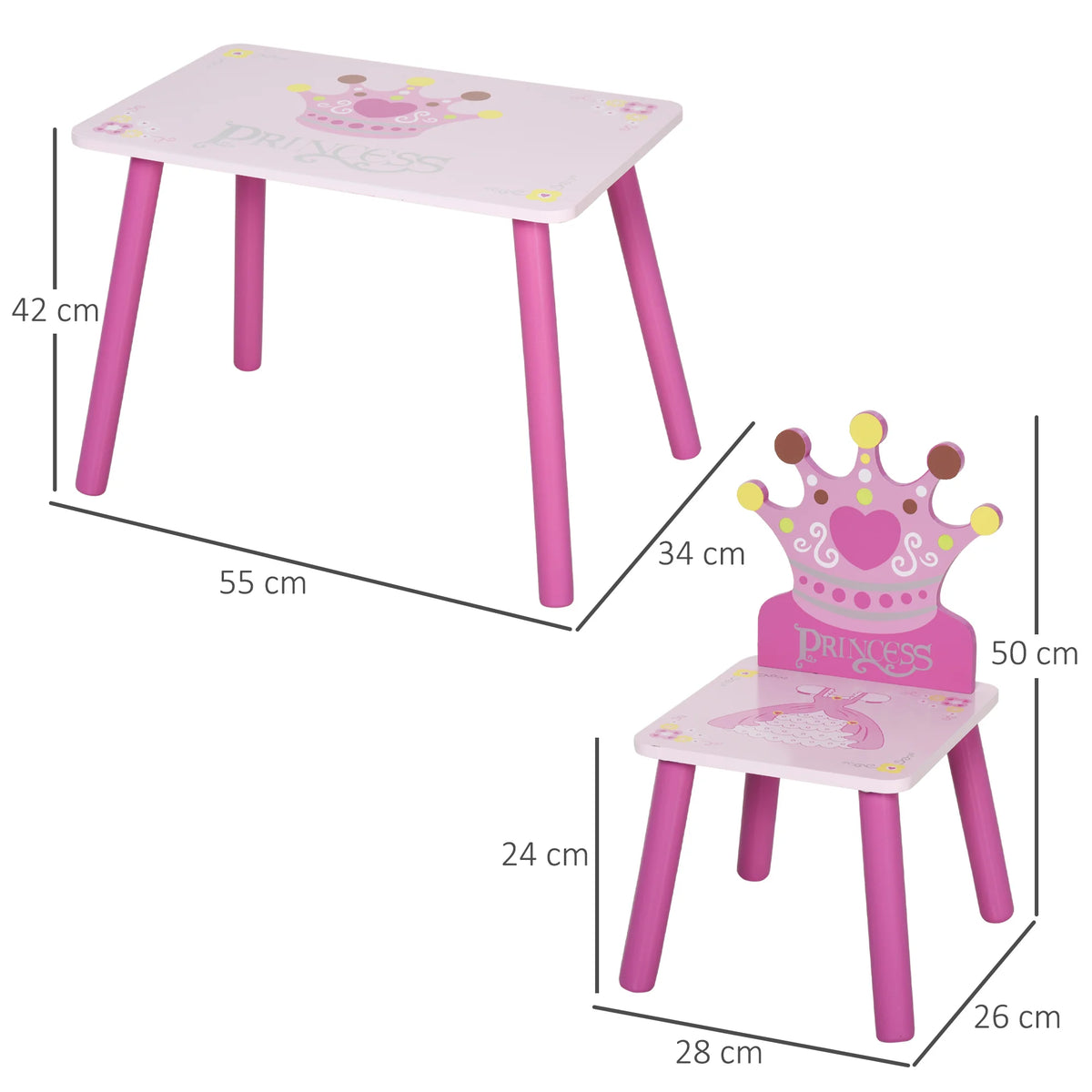 3 Piece Kids Table and Chair Set Princess Crown Design Pine Wood and MDF Rounded Corners Ages 2-4 Pink