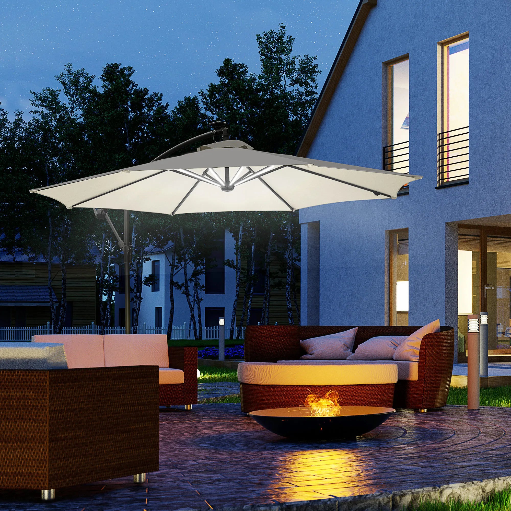 3m Cantilever Banana Parasol with Solar LED Lights Cross Base Crank Handle UV Resistant Garden Umbrella Cream White