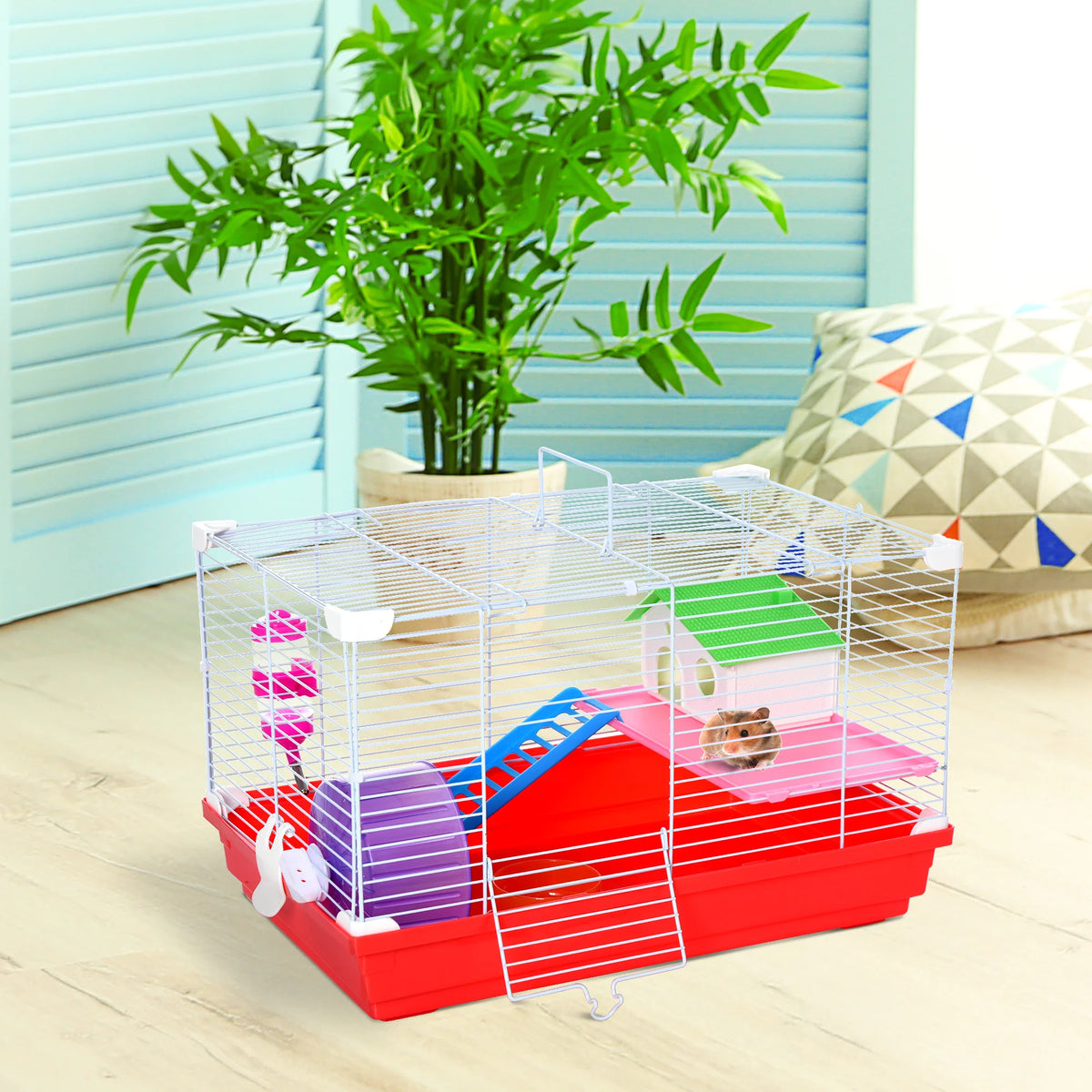 Hamster Cage, Small Gerbil Cage 2 Tiers Portable with Handle, Exercise Wheel, Water Bottle, Dishes