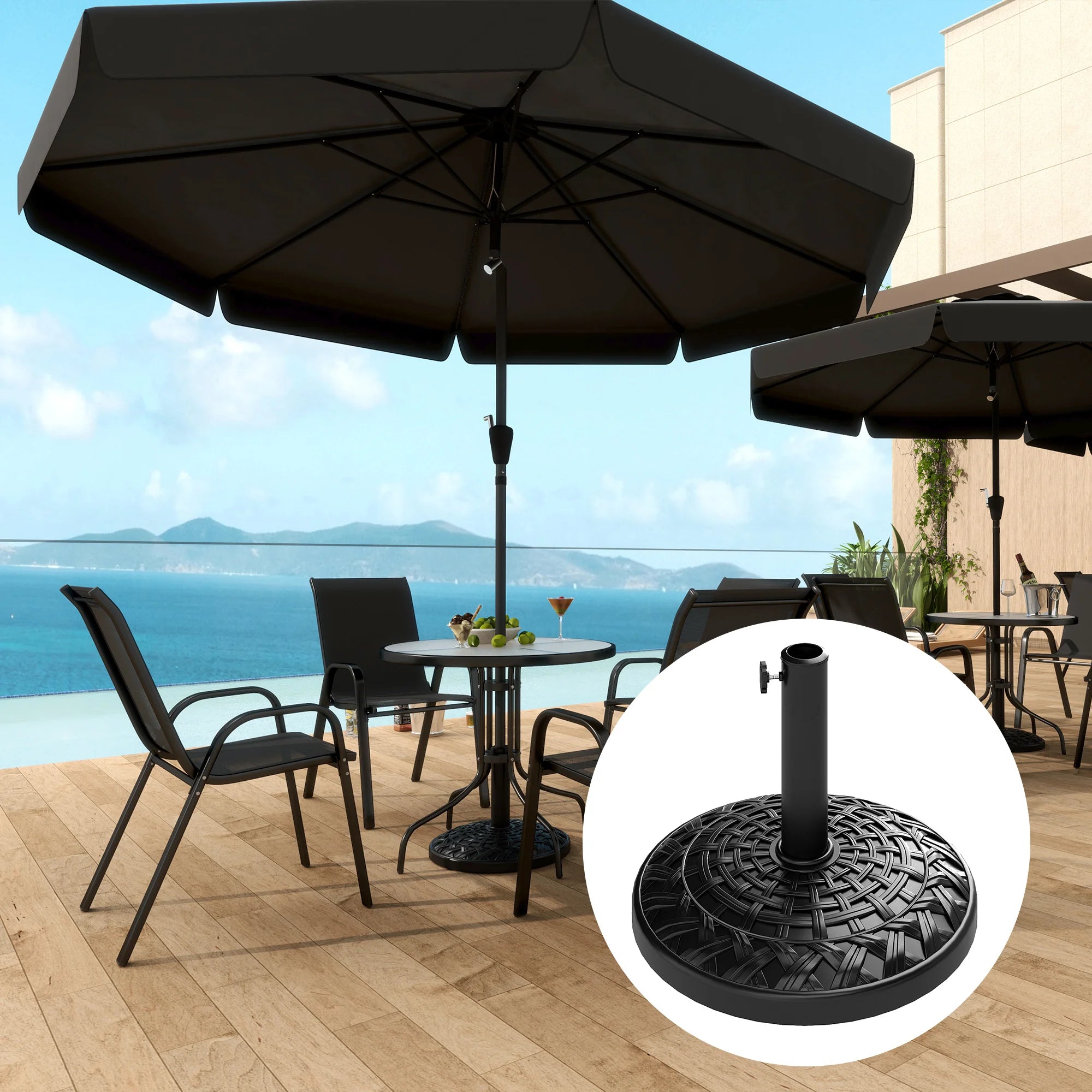 12kg Round Resin Parasol Base Rattan Pattern Garden Umbrella Stand Fits 38mm and 48mm Poles Outdoor Black