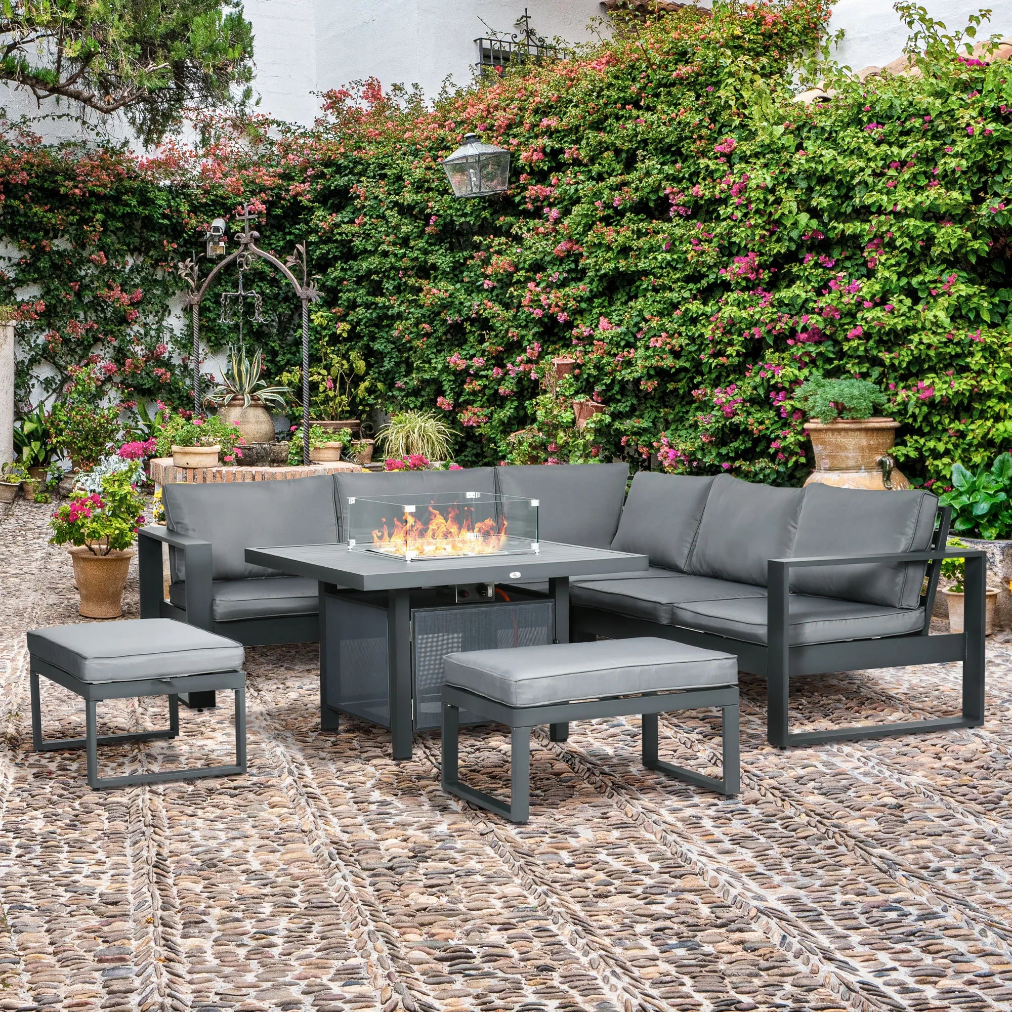 6-Piece Aluminium Garden Sofa Set with 50,000 BTU Fire Pit Table, Loveseats and Footstools