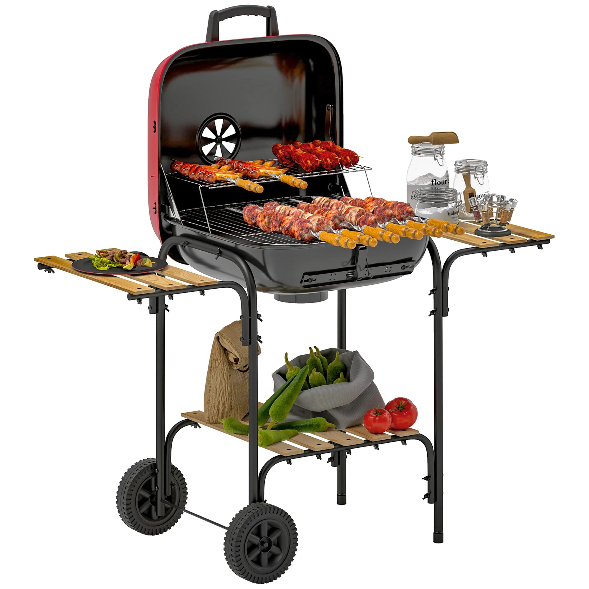 Charcoal BBQ Grill 1840cm² Cooking Area with Warming Rack 3 Shelves Adjustable Vent Lockable Lid for Garden Outdoor