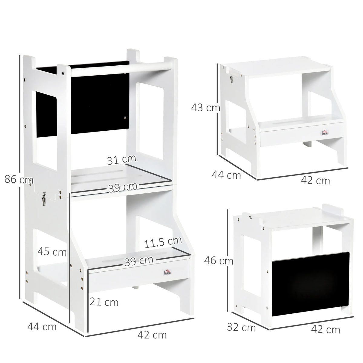 2 in 1 Kids Kitchen Step Stool with Safety Rail Converts to Table and Chair with Chalkboard MDF White