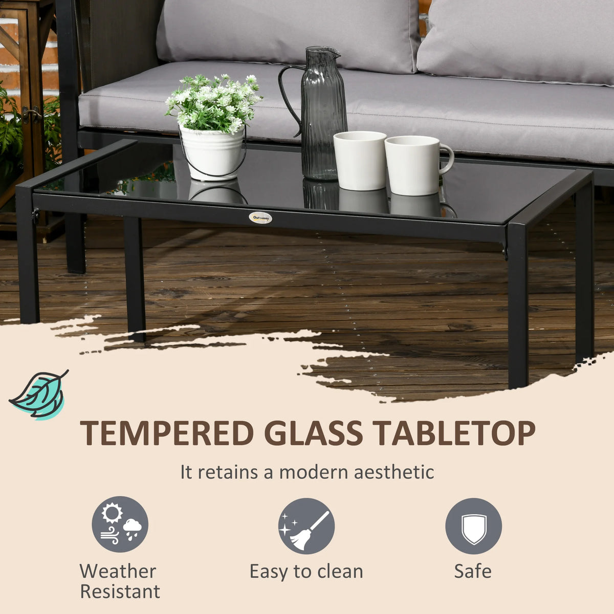 4 Piece Garden Sofa Set with Tempered Glass Coffee Table, Light Grey