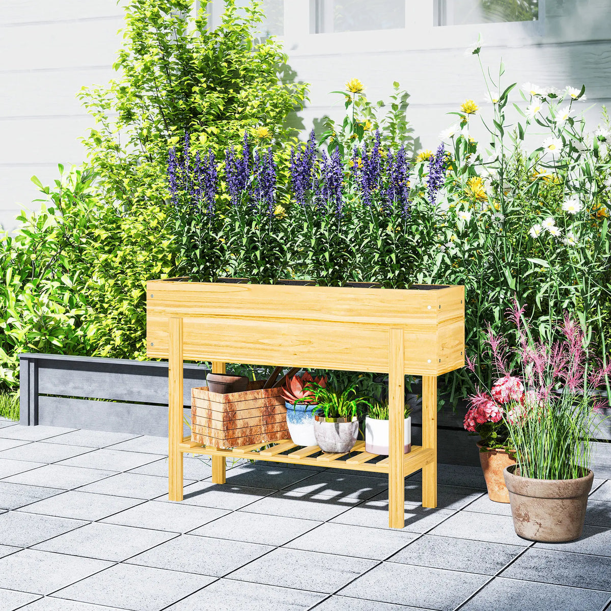 Wooden Raised Garden Bed with Bed Liner, Storage Shelf, Natural Wood Finish