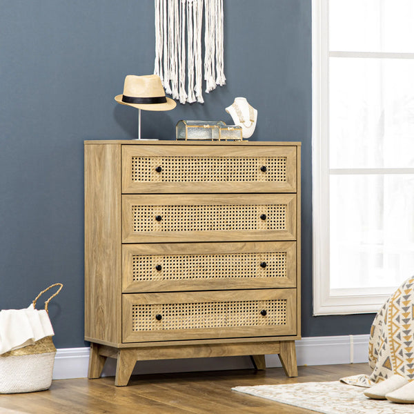 Chest of Drawers, 4 Drawer Unit Storage Organiser with Rattan Element