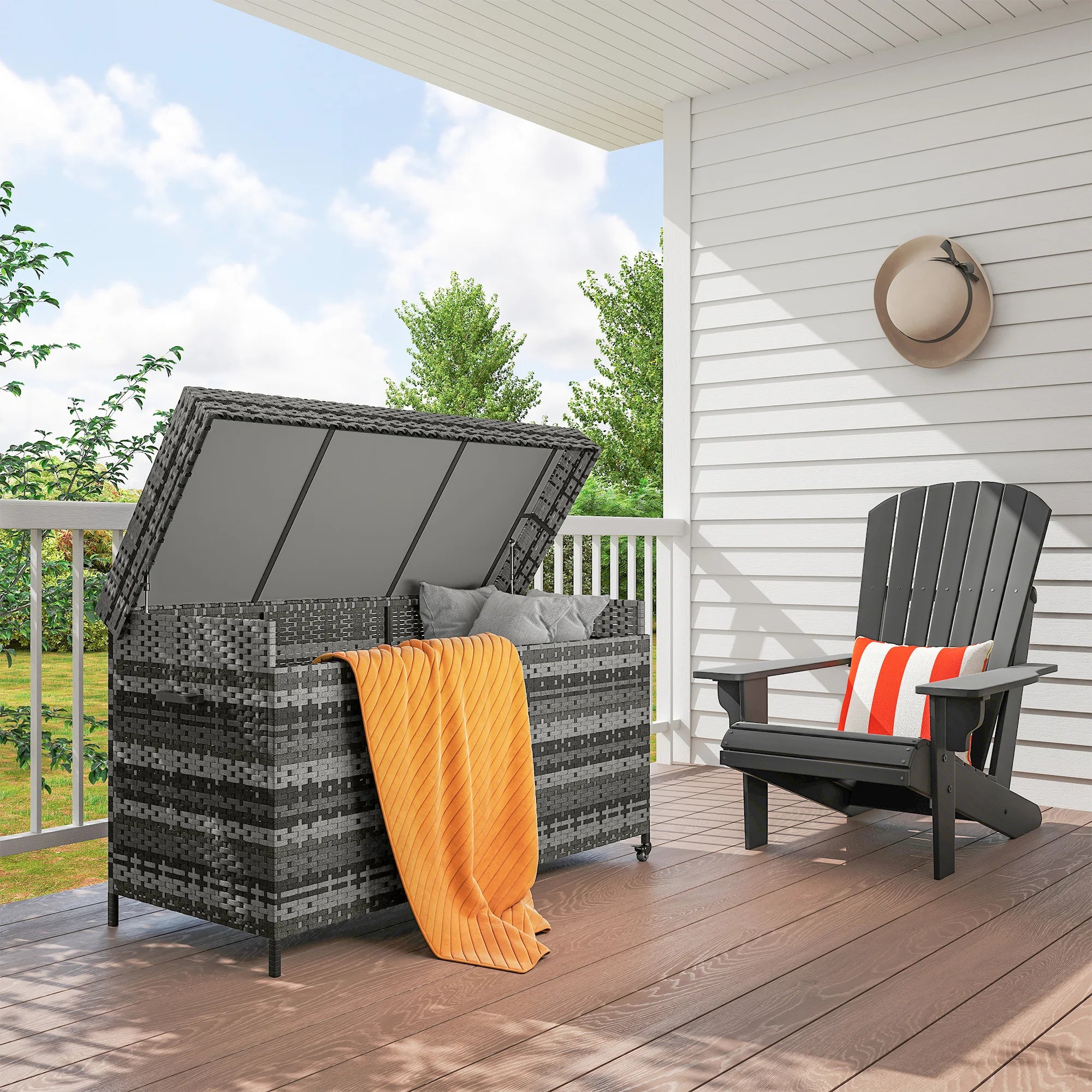 627L Rattan Outdoor Garden Storage Box with Gas Lift Lid, Wheels and Brakes