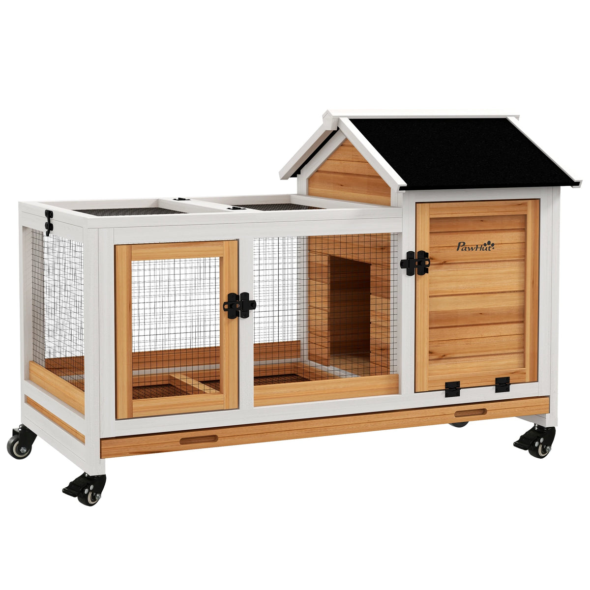 Wooden Rabbit Hutch on Wheels 108x58x73.5cm with Run Openable Roof and Removable Tray Fir Wood