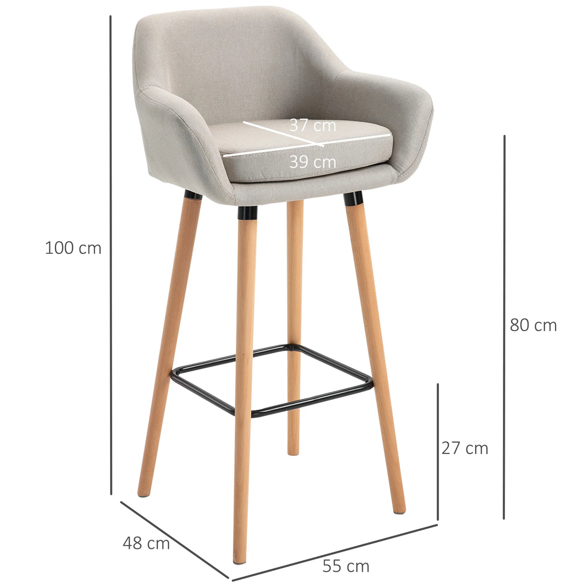 2 PCs Upholstered Bucket Seat Bar Stools w/ Solid Wood Legs Beige