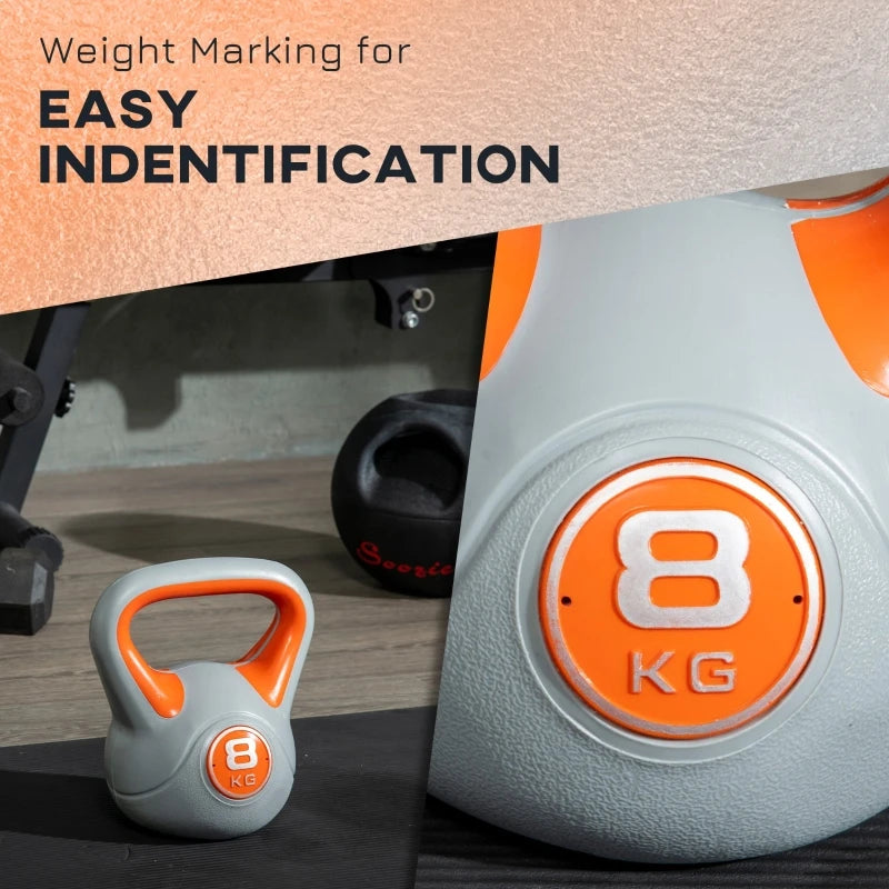 8kg Kettlebell with PU Cover Wide Grip and Flat Base 20x14x24cm Home Gym Strength Training Orange and Grey